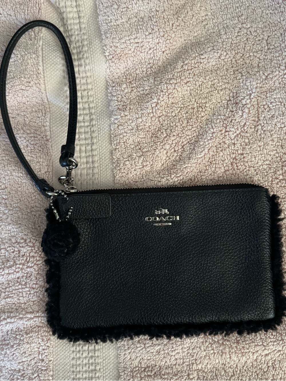 Coach Black Leather Wristlet with Shearling Trim and Pom Charm